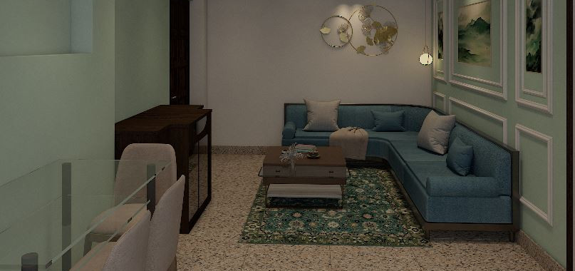 A contemporary Indian home interior showcasing a large, artistic pendant light above a marble dining table. The lighting fixture acts as a centerpiece, contrasted by minimal furniture and warm ambient lighting that emphasizes the fixture's design.