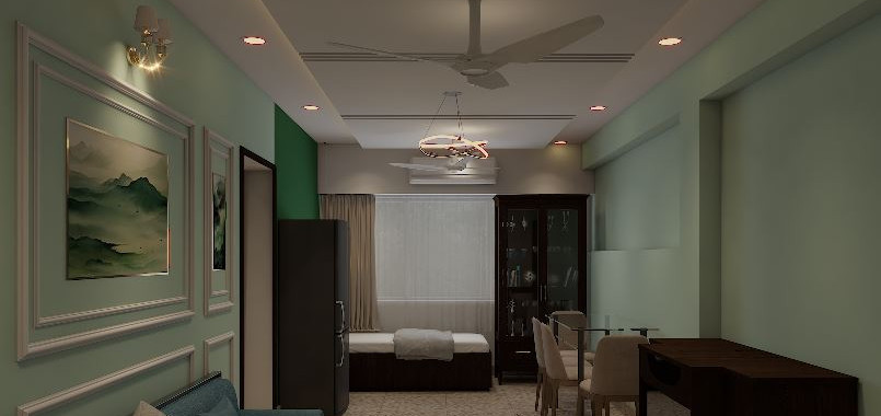  A contemporary Indian home interior showcasing a large, artistic pendant light above a marble dining table. The lighting fixture acts as a centerpiece, contrasted by minimal furniture and warm ambient lighting that emphasizes the fixture's design.