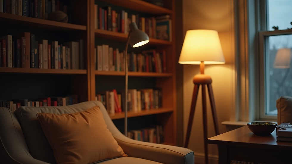 Close-up view of a stylish floor lamp illuminating a cozy Brooklyn reading nook