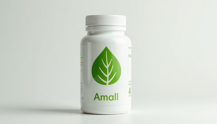 Close-up of recyclable nutraceutical container with green leaf design