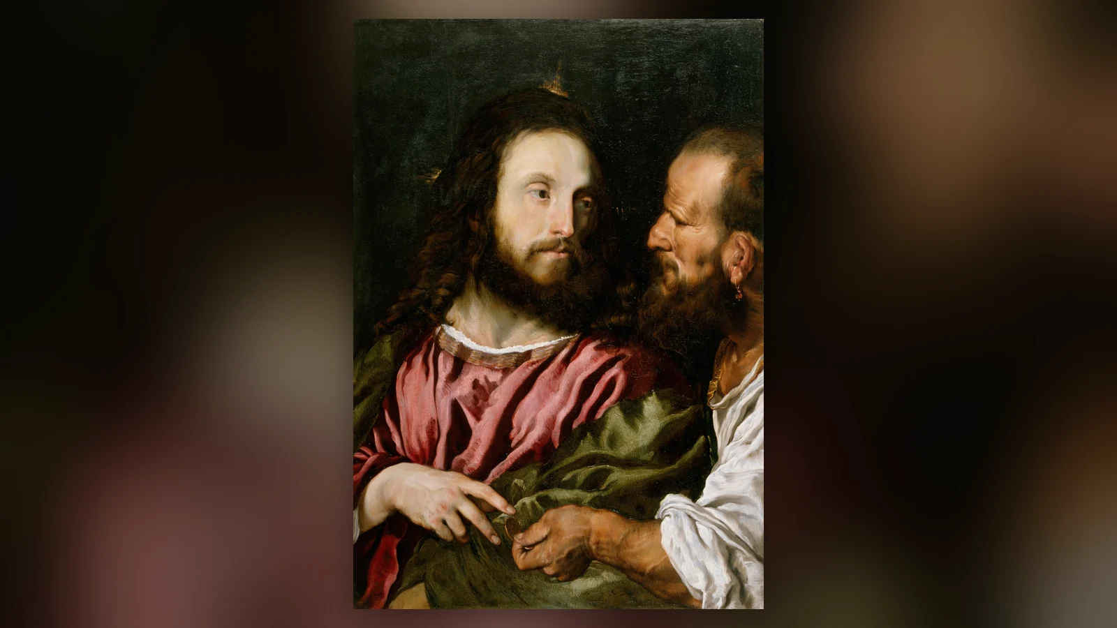 Jesus points toward a coin held by a man beside him in Domenico Fetti’s painting Christ and the Tribute Money.
