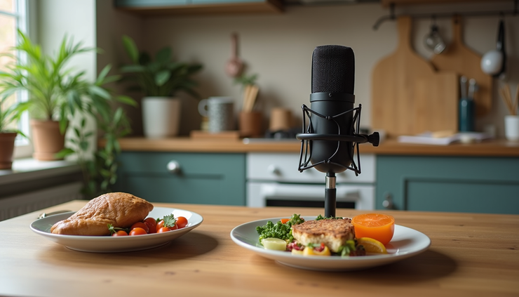 High angle view of a cozy kitchen table with a podcast setup and healthy meal