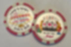 Two wedding favor poker chips with Vegas theme. One reads "Married in Fabulous Las Vegas, June 4, 2022," and the other shows a slot machine with "06 04 22," cards, chips.