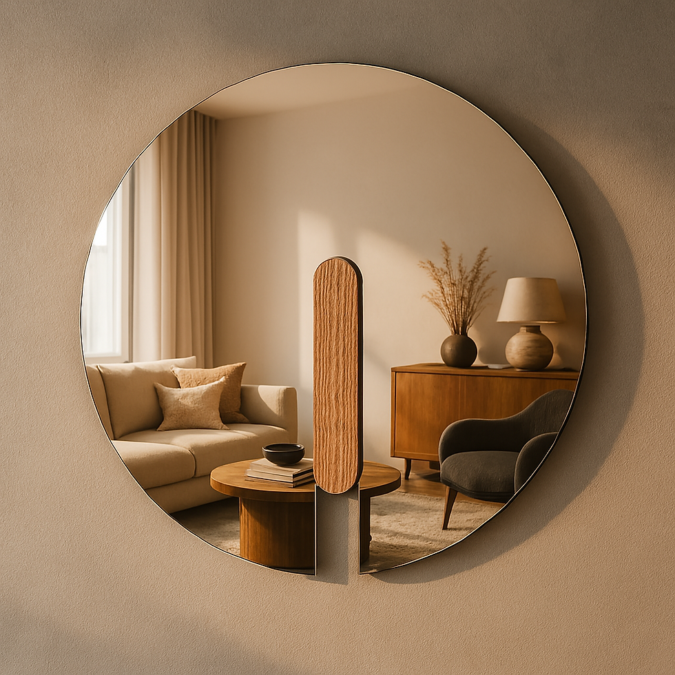 Thumbnail: Prima round wood mirror with stained oak frame hanging on tan wall