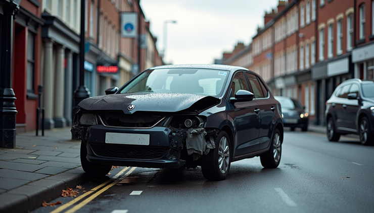 Eye-level view of a damaged car parked on a Stoke-on-Trent street after an accident