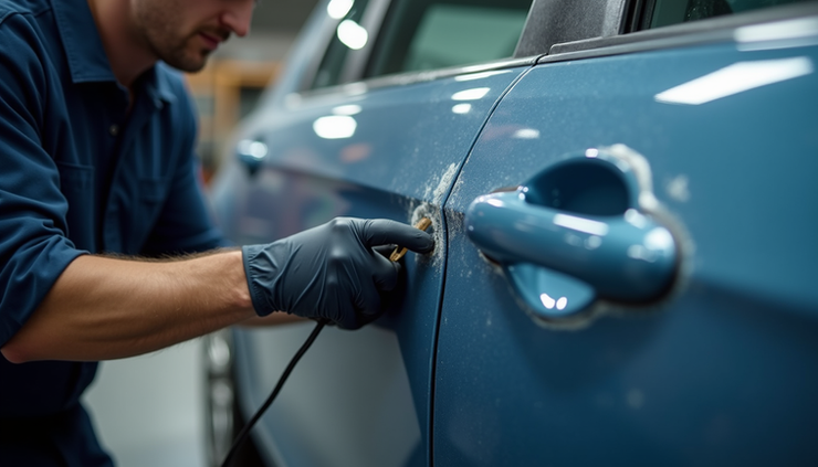 Close-up view of a technician performing paintless dent removal on a car door at a Stoke-on-Trent repair shop