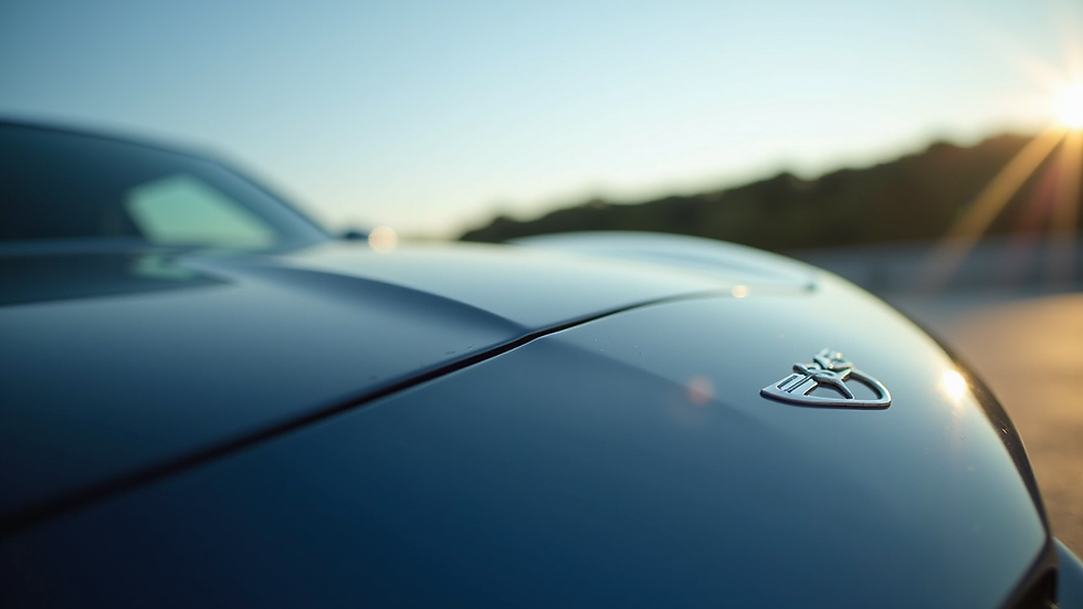Close-up view of a shiny car hood reflecting the sky
