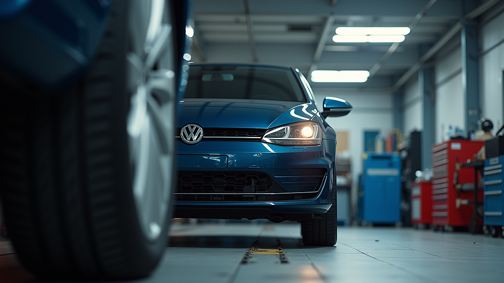 Eye-level view of a car being repaired in a garage