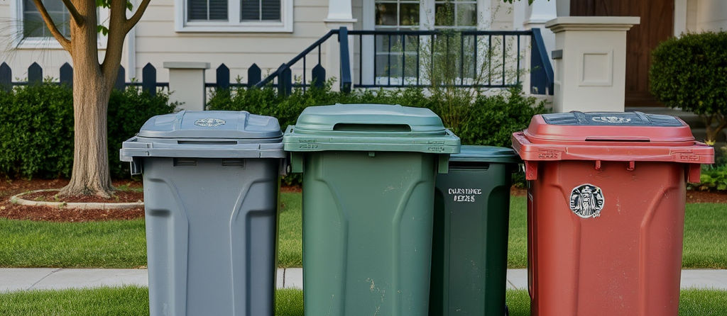 trash cans by curbside with luxury house