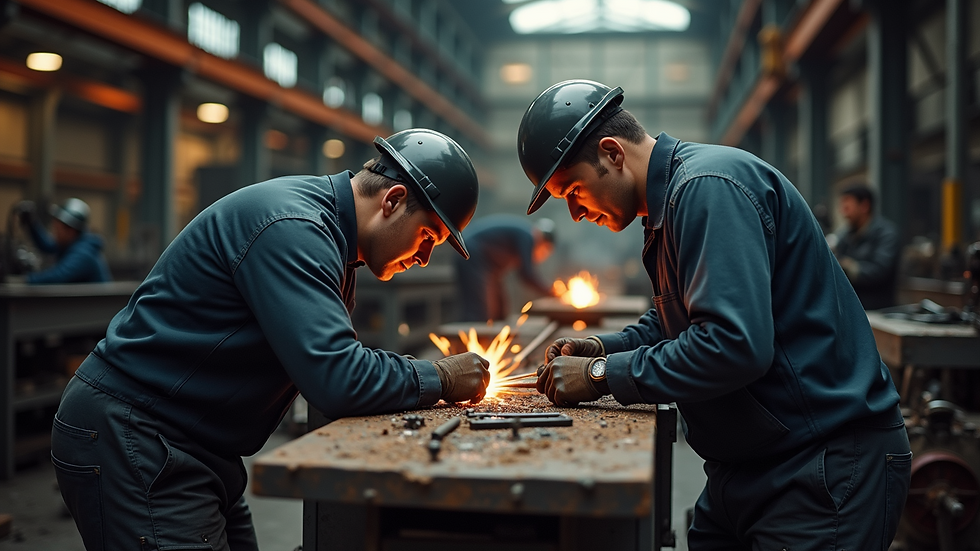High angle view of a millwright team working on machinery