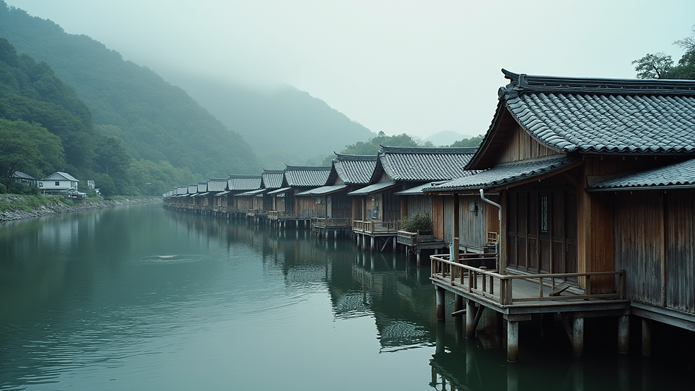 High angle view of the traditional funaya houses in Ine fishing village