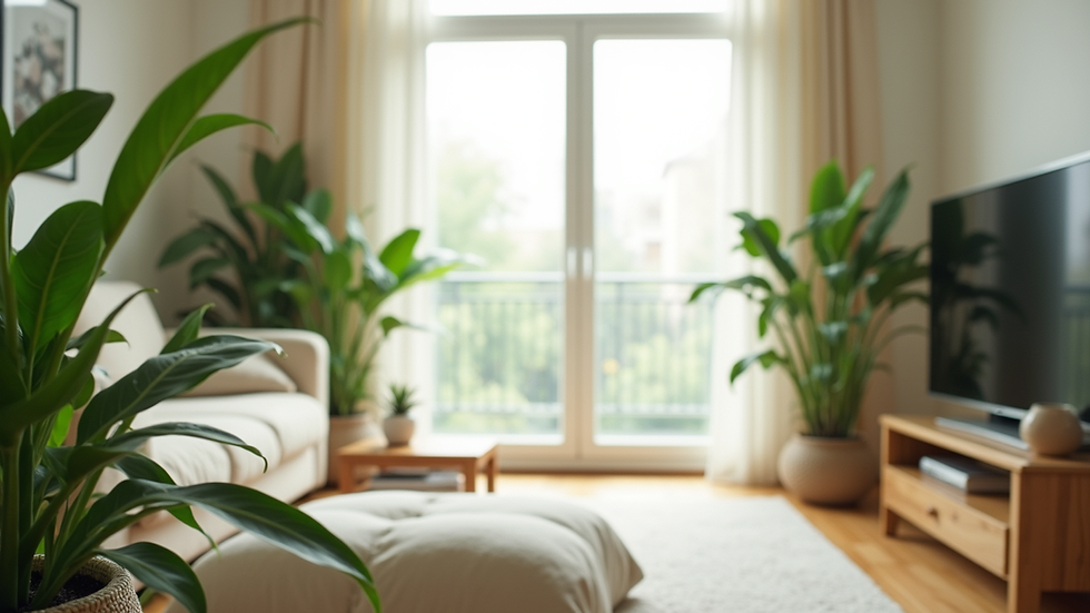 Eye-level view of a bright living room with green plants near a window