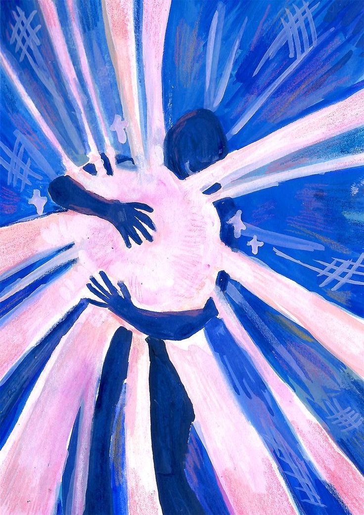 Two silhouettes embracing with radiant, pink and blue abstract rays emanating from them, creating a feeling of warmth and connection.
