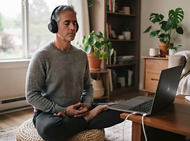 man meditating at online retreat 