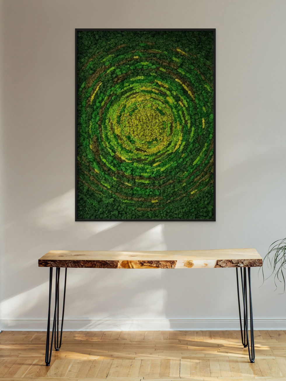 wooden bench and reindeer moss wall art by paola di legge