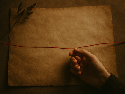 Immagine evocativa di un filo rosso sottile che si intreccia su sfondo neutro, simbolo di connessione tra anima, parole e desideri.