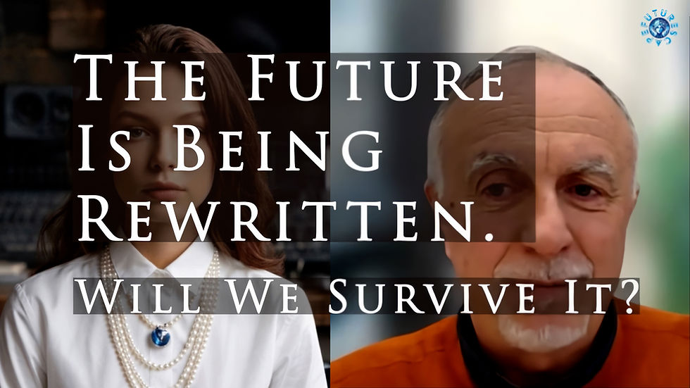 Split-screen FutureScape podcast thumbnail featuring a young woman on the left and an older man on the right, overlaid with the text “The Future Is Being Rewritten. Will We Survive It?”