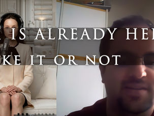 FutureScape podcast thumbnail showing Lyria and Elia Impalloni with the text “AI is already here, like it or not,” introducing a discussion on artificial intelligence and society.