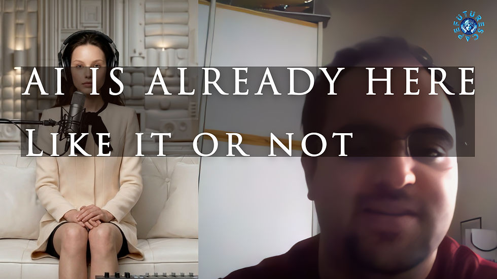 FutureScape podcast thumbnail showing Lyria and Elia Impalloni with the text “AI is already here, like it or not,” introducing a discussion on artificial intelligence and society.
