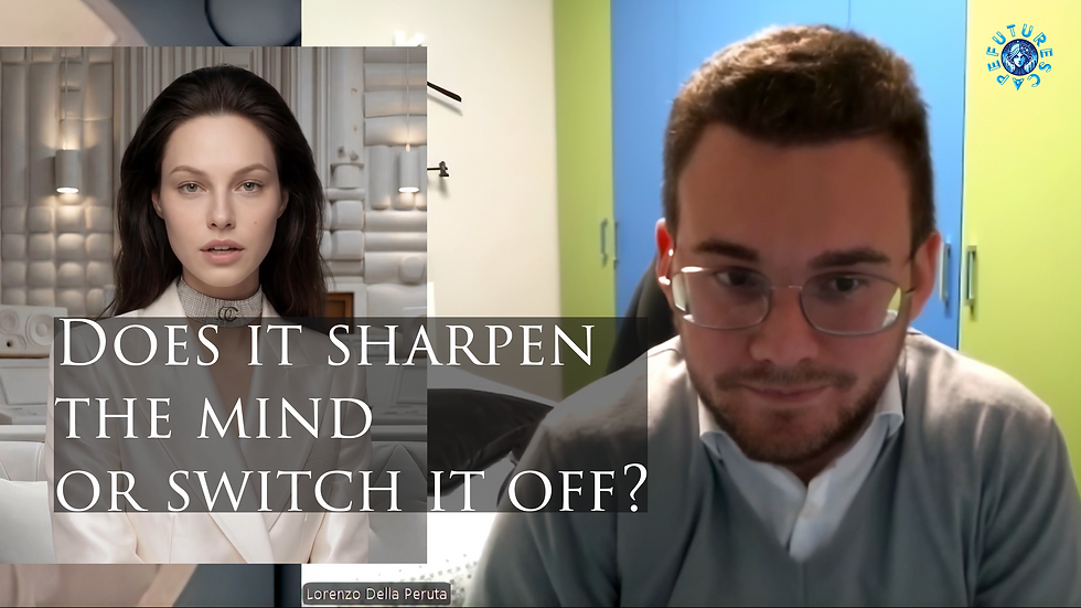 FutureScape podcast cover showing Lyria beside a video interview guest, with the title “Does it sharpen the mind or switch it off?”