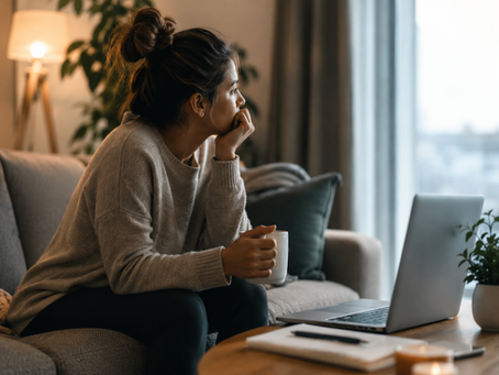 Femme assise sur un divan en soirée avec une tasse de café, semblant fatiguée et pensive après une journée chargée, représentant la surcharge mentale et la difficulté à ralentir.
