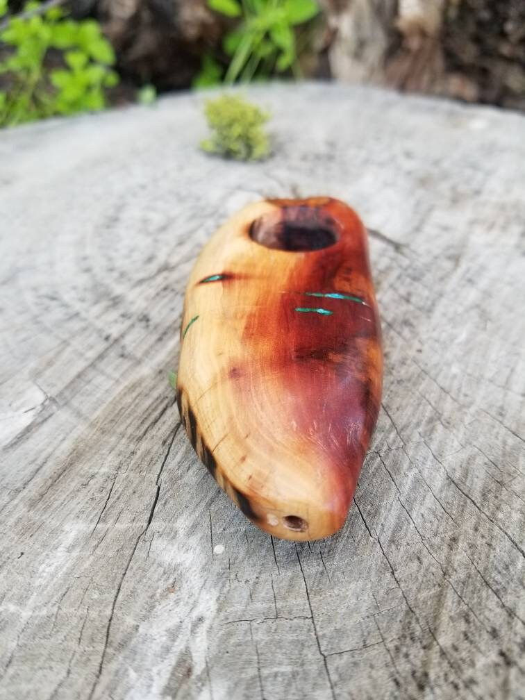 Thumbnail: Manzanita Wood Smoking Pipe with Blue Turquoise and Green Malachite Inlay 