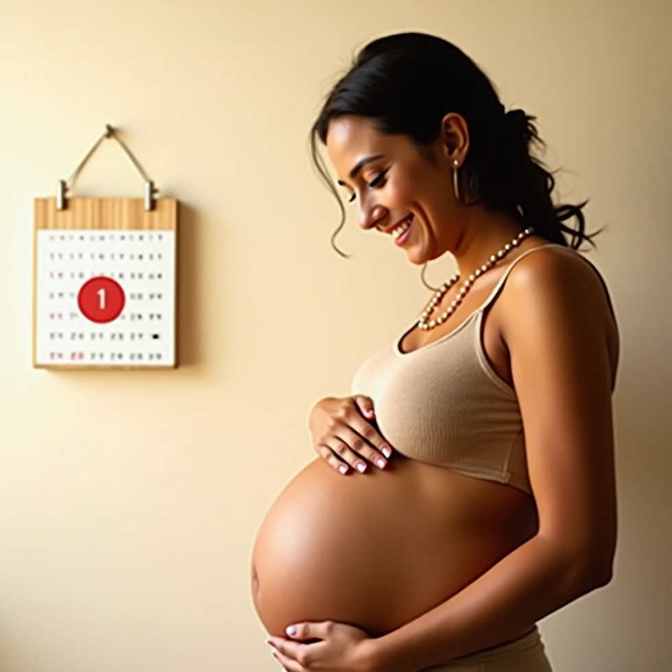 Pregnant woman gently touching her baby bump with a calendar in the background, symbolizing due date tracking