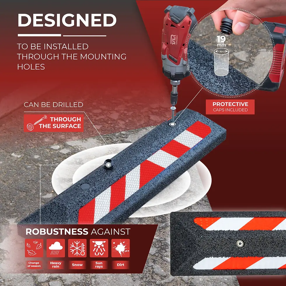TOPRUBBER® Wheel stopper, Reflective, Refl.Cl. RA2/C, 570x140x75, for gluing