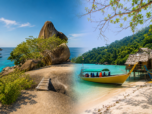 Vergleich der Similan und Surin Inseln in Thailand – Felslandschaft der Similan Inseln und traditionelles Moken-Dorf auf den Surin Inseln als symbolisches Titelbild.