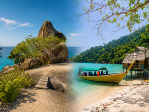 Vergleich der Similan und Surin Inseln in Thailand – Felslandschaft der Similan Inseln und traditionelles Moken-Dorf auf den Surin Inseln als symbolisches Titelbild.