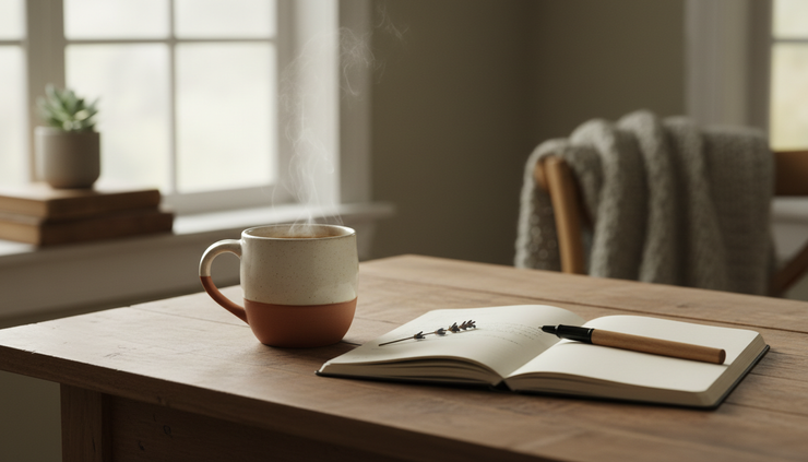 Eye-level view of a warm cup of coffee beside an open journal on a quiet kitchen table.