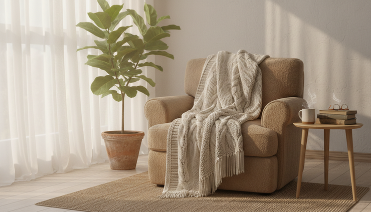 Wide-angle view of a cozy reading corner with a soft blanket, houseplant, and warm afternoon light.