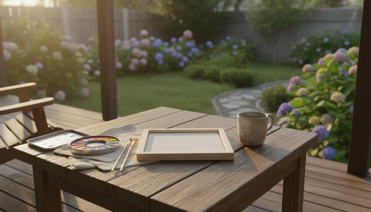 Eye-level view of a small canvas and paints on a quiet porch.