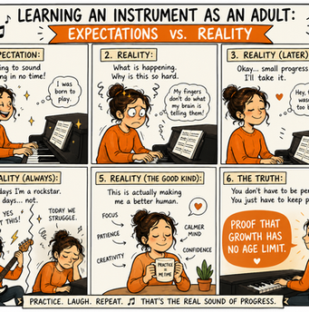 A six-panel comic showing an adult learning an instrument, comparing expectations and reality—from early confidence, to frustration, to small progress, and finally confidence and enjoyment, with the message that growth has no age limit.