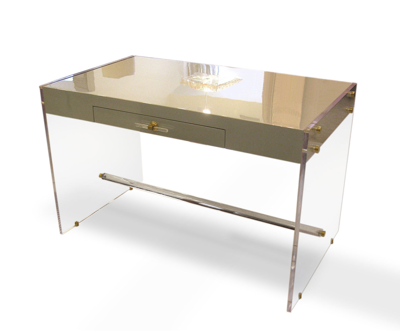 hand-polished desk with Lucite legs is customizable in size and color