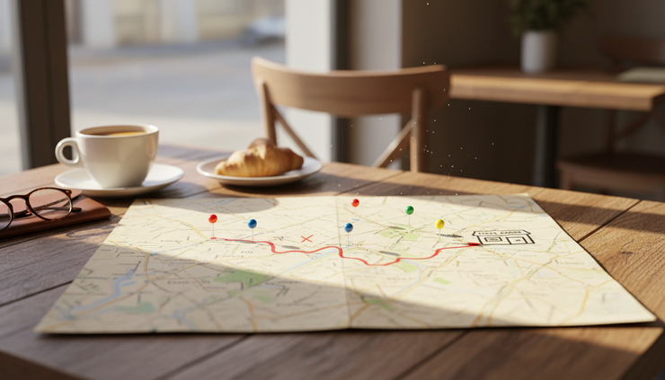 Eye-level view of a paper map with pins marking search paths to a local shop