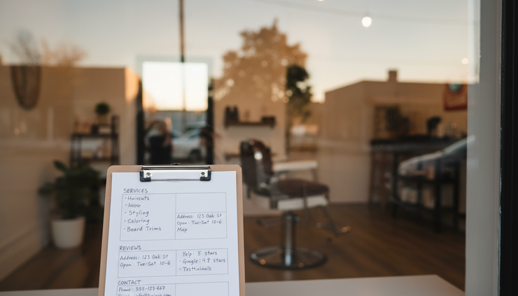 Wide-angle view of a simple storefront window with a printed website plan beside it.