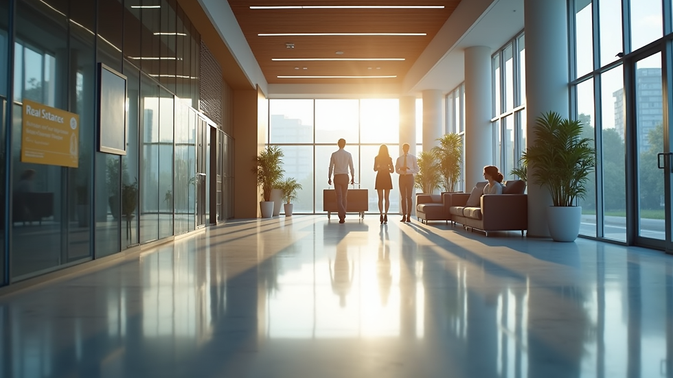 Eye-level view of a modern real estate office with marketing materials