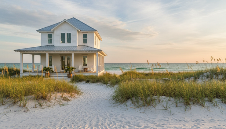 Wide-angle view of a beach cottage near Santa Rosa Beach at golden hour