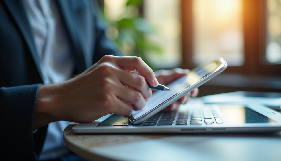 Close-up of hand using stylus on a tablet over a laptop. Sunlight filters through windows, creating a warm, focused atmosphere.