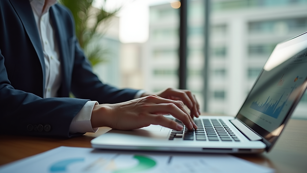 Close-up view of a real estate agent analyzing market data on a laptop