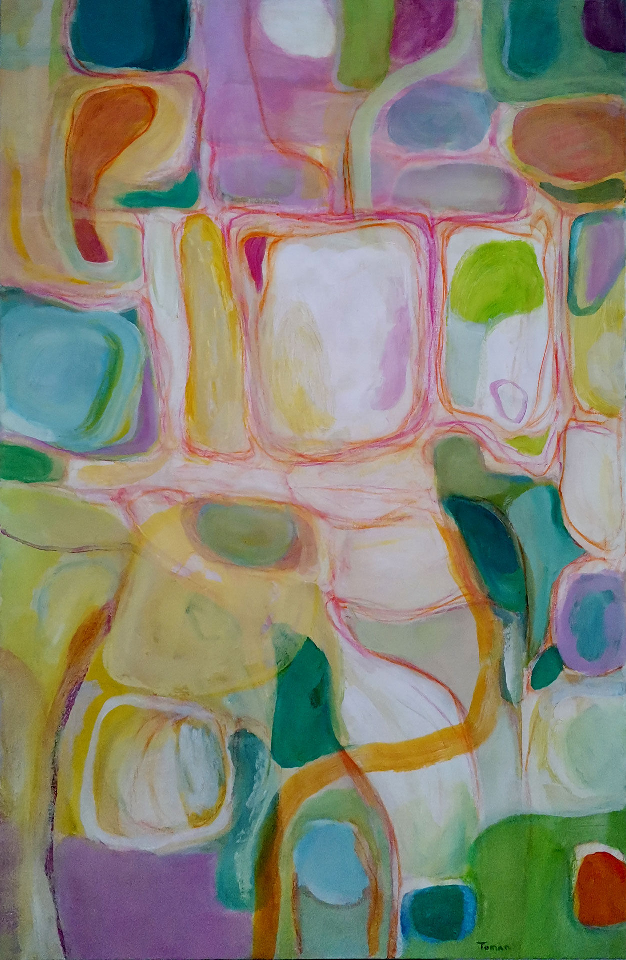 Abstract painting in bright yellow-green hues