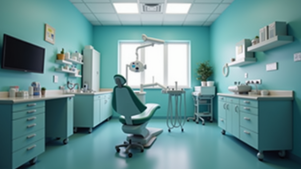 Eye-level view of a dental clinic emergency room with dental chair and equipment