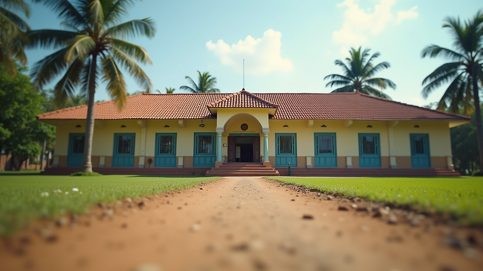 Eye-level view of a school building with a playground in Chamrajpet