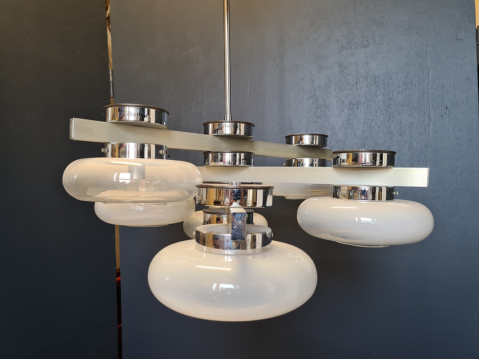 Thumbnail: 1960s Mid Century Chrome 6 Light Chandelier with Murano Glass from Italy