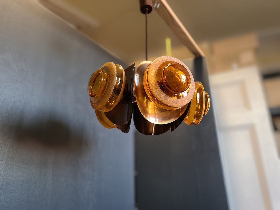 Thumbnail: 1970s Vintage “Sputnik” Copper 3 Glass Pendant with Amber Glass from Yugoslavia