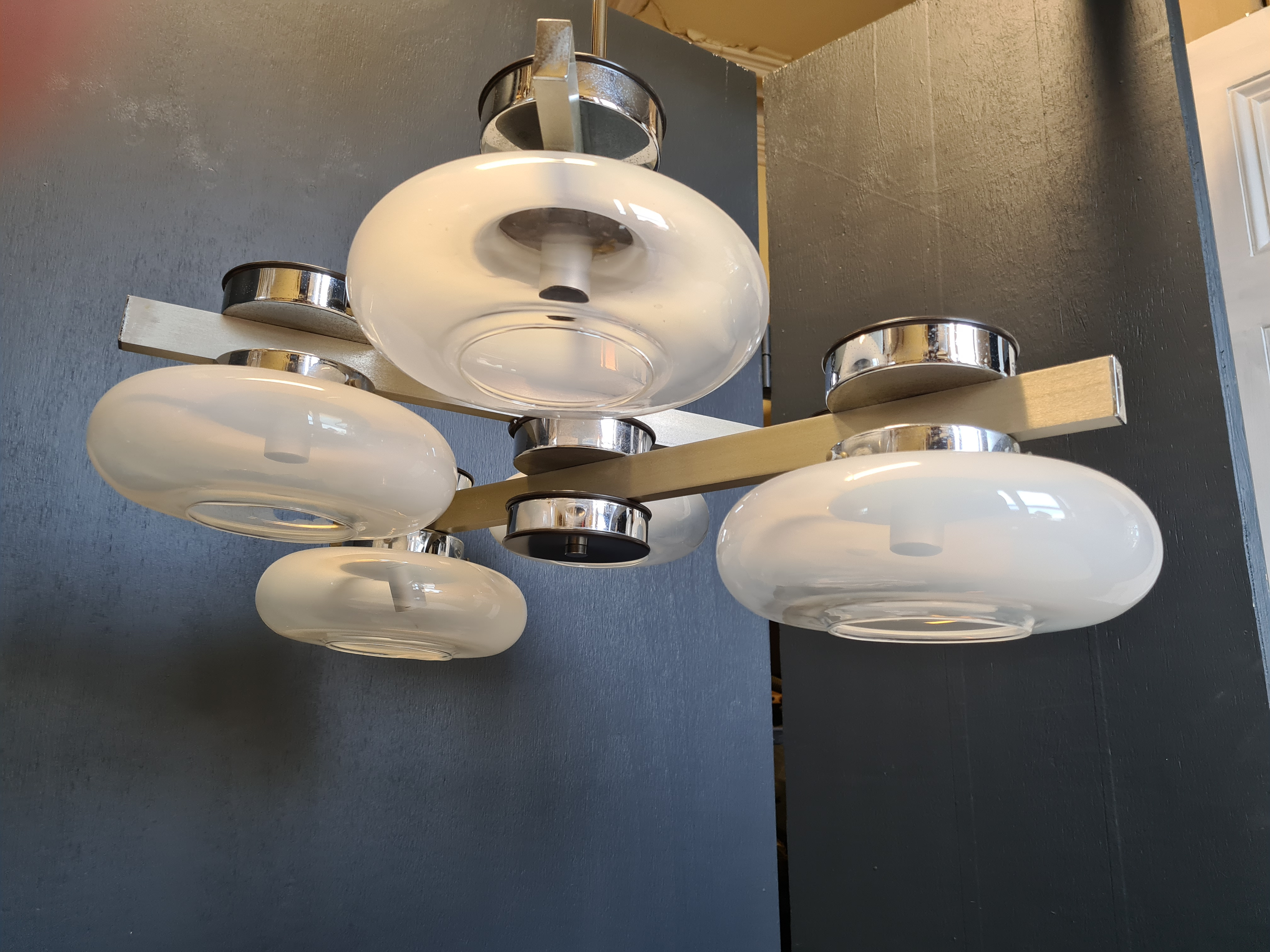 1960s Mid Century Chrome 6 Light Chandelier with Murano Glass from Italy