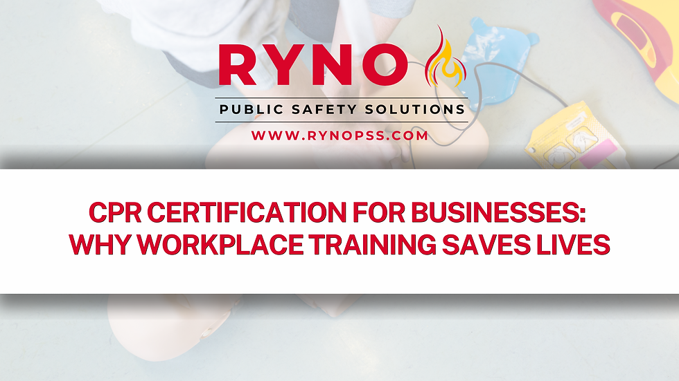 RYNO Public Safety Solutions slide with CPR certification text and website, over a faint CPR training scene