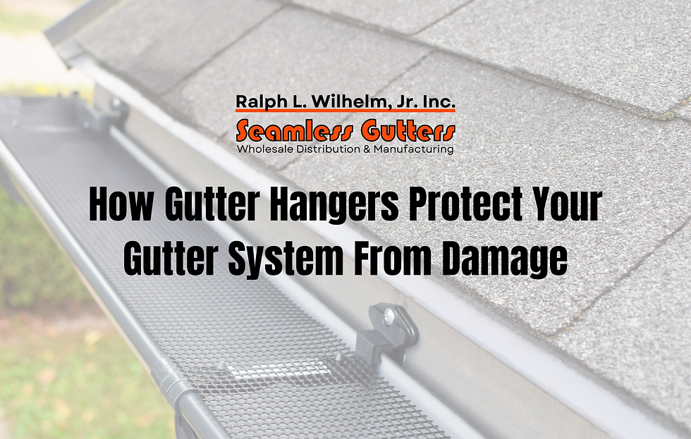 Roof gutter with mesh guards and hangers; text: Seamless Gutters and How Gutter Hangers Protect Your Gutter System From Damage