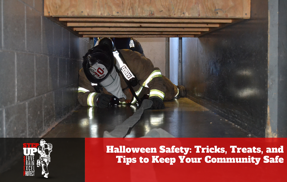 A firefighter in full turnout gear and air tank crawls through a narrow training tunnel during a confined space drill. The firefighter moves low to the ground beneath a wooden obstacle while pulling a hose line. A red banner at the bottom reads, “Halloween Safety: Tricks, Treats, and Tips to Keep Your Community Safe,” alongside a “Step Up” firefighter recruitment graphic.
